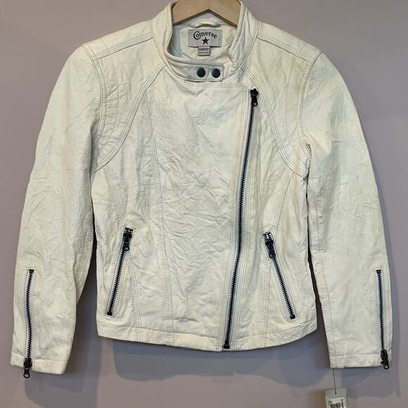Converse Cream Lamb Leather Biker Jacket Size XS - Picture 1 of 13